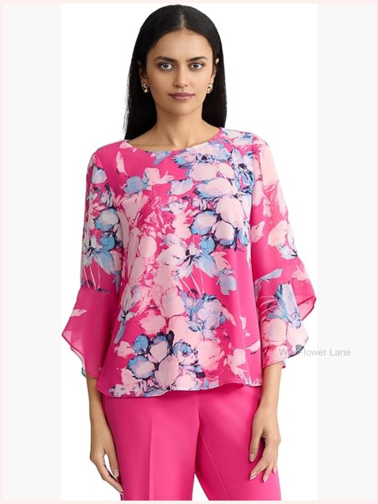 3/4 Ruffle Sleeve Floral Blouse, Polyester Top, Business Casual
